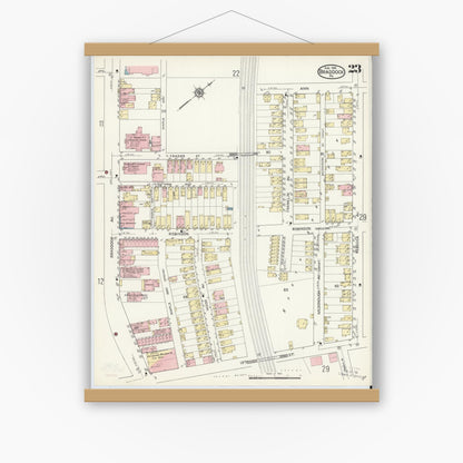 Old map wall art mockup — magnetic wood frame on white wall — Sanborn Fire Insurance Map from Braddock, Allegheny County, Pennsylvania (1914), Sheet #0023