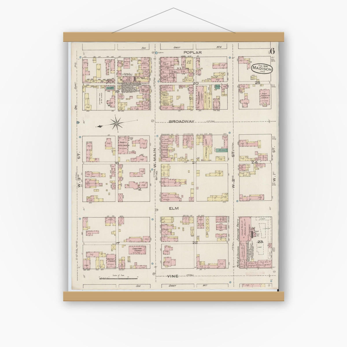 Old map wall art mockup — magnetic wood frame on white wall — Sanborn Fire Insurance Map from Madison, Jefferson County, Indiana (1886), Sheet #0006