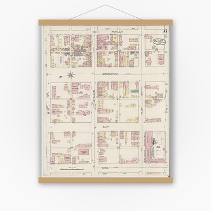 Old map wall art mockup — magnetic wood frame on white wall — Sanborn Fire Insurance Map from Madison, Jefferson County, Indiana (1886), Sheet #0006