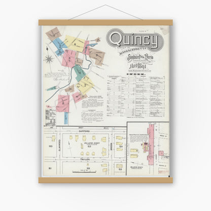 Old map wall art mockup — magnetic wood frame on white wall — Sanborn Fire Insurance Map from Quincy, Norfolk County, Massachusetts (1891) - Complete Map Set