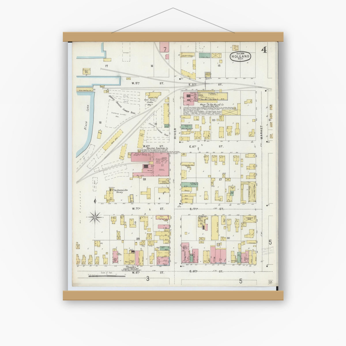 Old map wall art mockup — magnetic wood frame on white wall — Sanborn Fire Insurance Map from Holland, Ottawa County, Michigan (1896), Sheet #0004