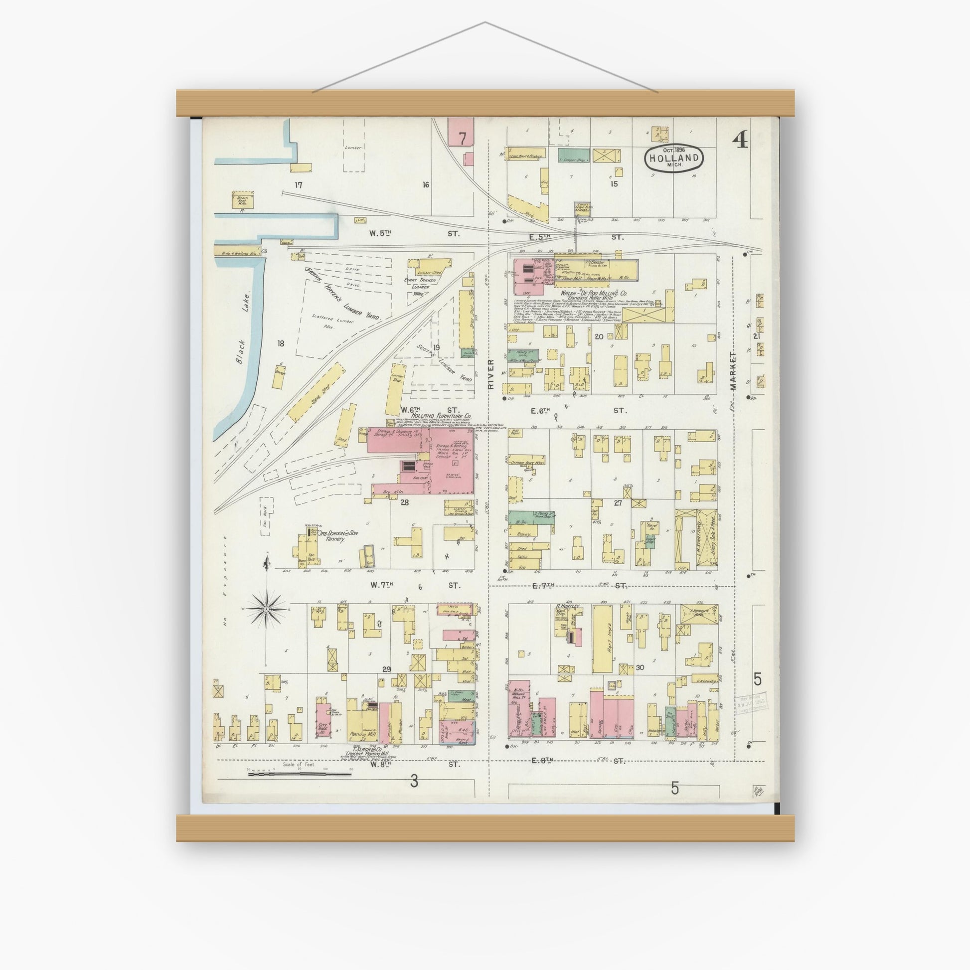 Old map wall art mockup — magnetic wood frame on white wall — Sanborn Fire Insurance Map from Holland, Ottawa County, Michigan (1896), Sheet #0004