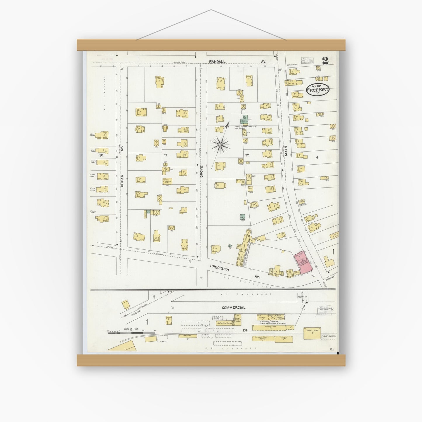 Old map wall art mockup — magnetic wood frame on white wall — Sanborn Fire Insurance Map from Freeport, Nassau County, New York (1904), Sheet #0002