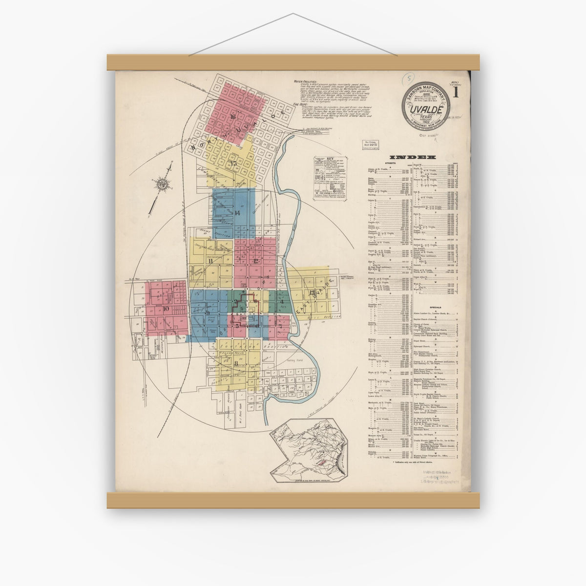 Old map wall art mockup — magnetic wood frame on white wall — Sanborn Fire Insurance Map from Uvalde, Uvalde County, Texas (1922) - Complete Map Set