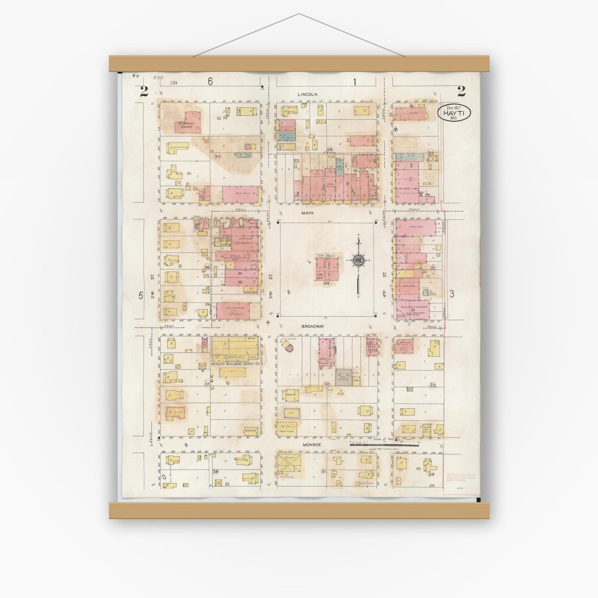 Old map wall art mockup — magnetic wood frame on white wall — Sanborn Fire Insurance Map from Hayti, Pemiscot County, Missouri (1944), Sheet #0002