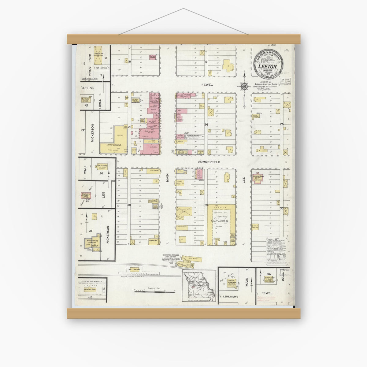 Old map wall art mockup — magnetic wood frame on white wall — Sanborn Fire Insurance Map from Leeton, Johnson County, Missouri (1916), Sheet #0001