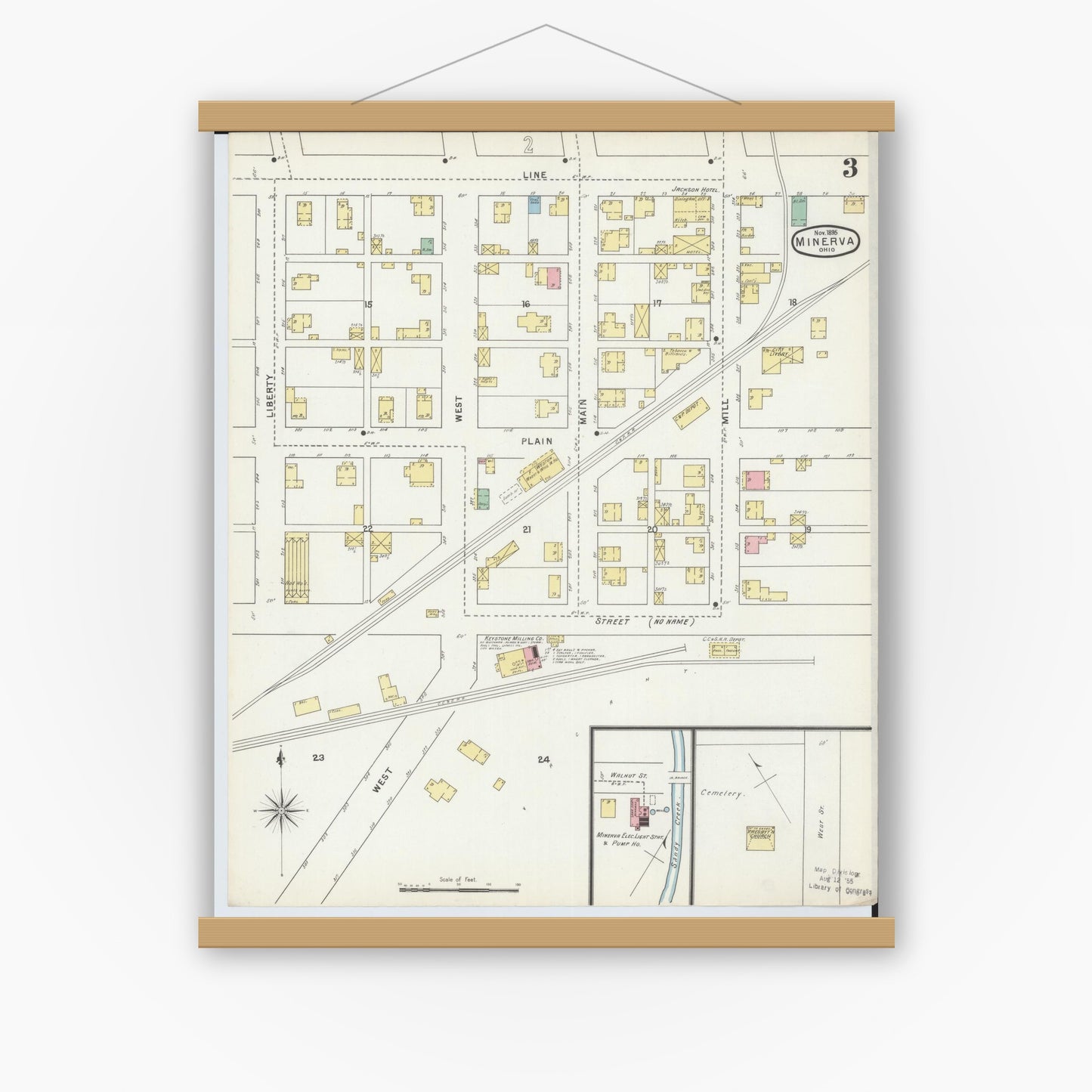 Old map wall art mockup — magnetic wood frame on white wall — Sanborn Fire Insurance Map from Minerva, Stark And Carroll Counties, Ohio (1895), Sheet #0003