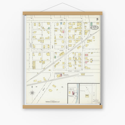Old map wall art mockup — magnetic wood frame on white wall — Sanborn Fire Insurance Map from Minerva, Stark And Carroll Counties, Ohio (1895), Sheet #0003