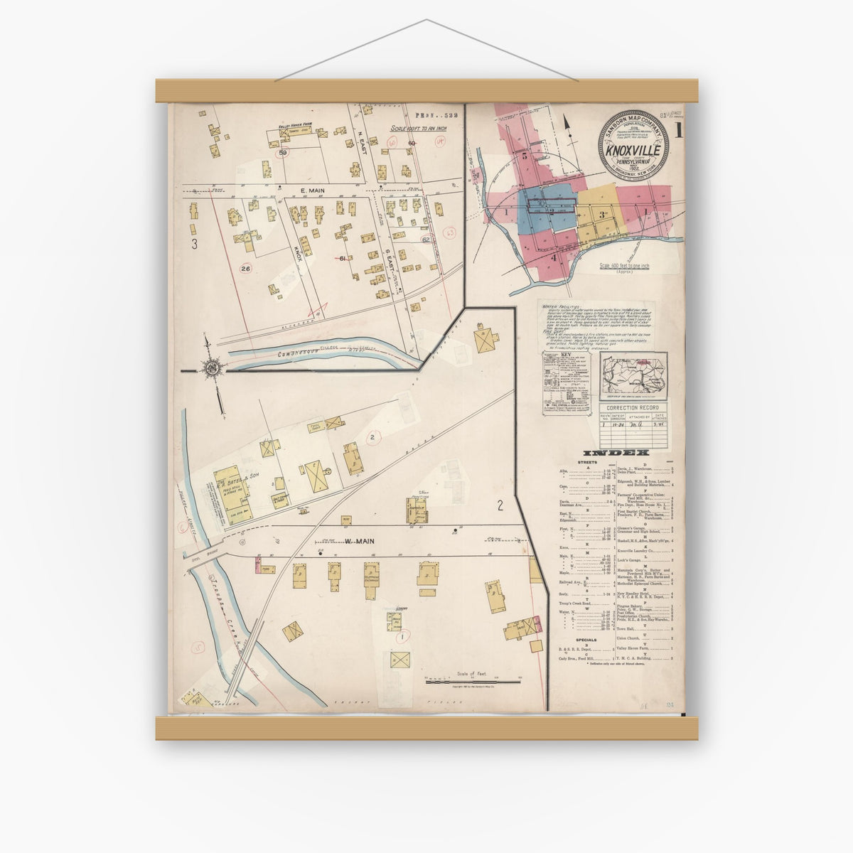 Old map wall art mockup — magnetic wood frame on white wall — Sanborn Fire Insurance Map from Knoxville, Tioga County, Pennsylvania (1934), Sheet #0001