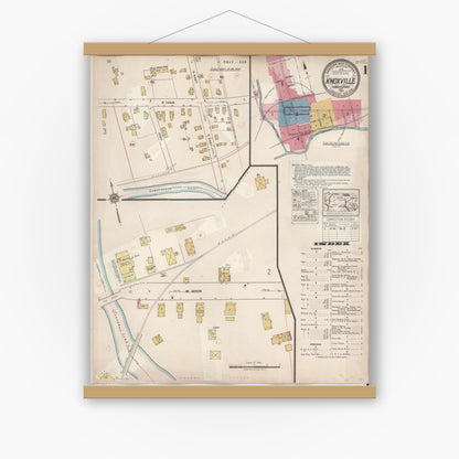 Old map wall art mockup — magnetic wood frame on white wall — Sanborn Fire Insurance Map from Knoxville, Tioga County, Pennsylvania (1934), Sheet #0001