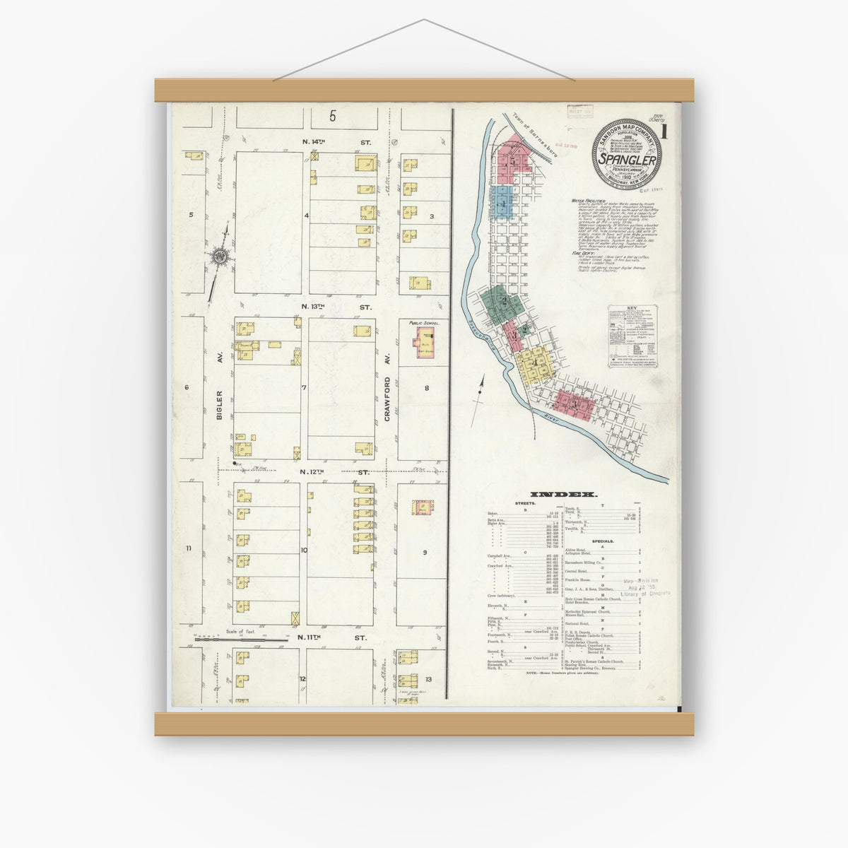 Old map wall art mockup — magnetic wood frame on white wall — Sanborn Fire Insurance Map from Spangler, Cambria County, Pennsylvania (1910) - Complete Map Set