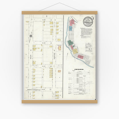 Old map wall art mockup — magnetic wood frame on white wall — Sanborn Fire Insurance Map from Spangler, Cambria County, Pennsylvania (1910) - Complete Map Set