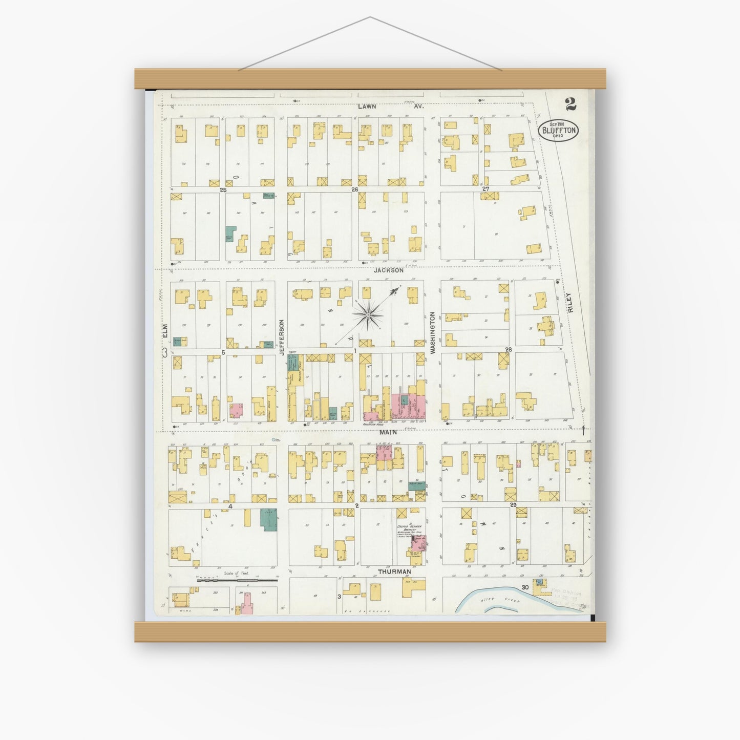 Old map wall art mockup — magnetic wood frame on white wall — Sanborn Fire Insurance Map from Bluffton, Allen County, Ohio (1901), Sheet #0002