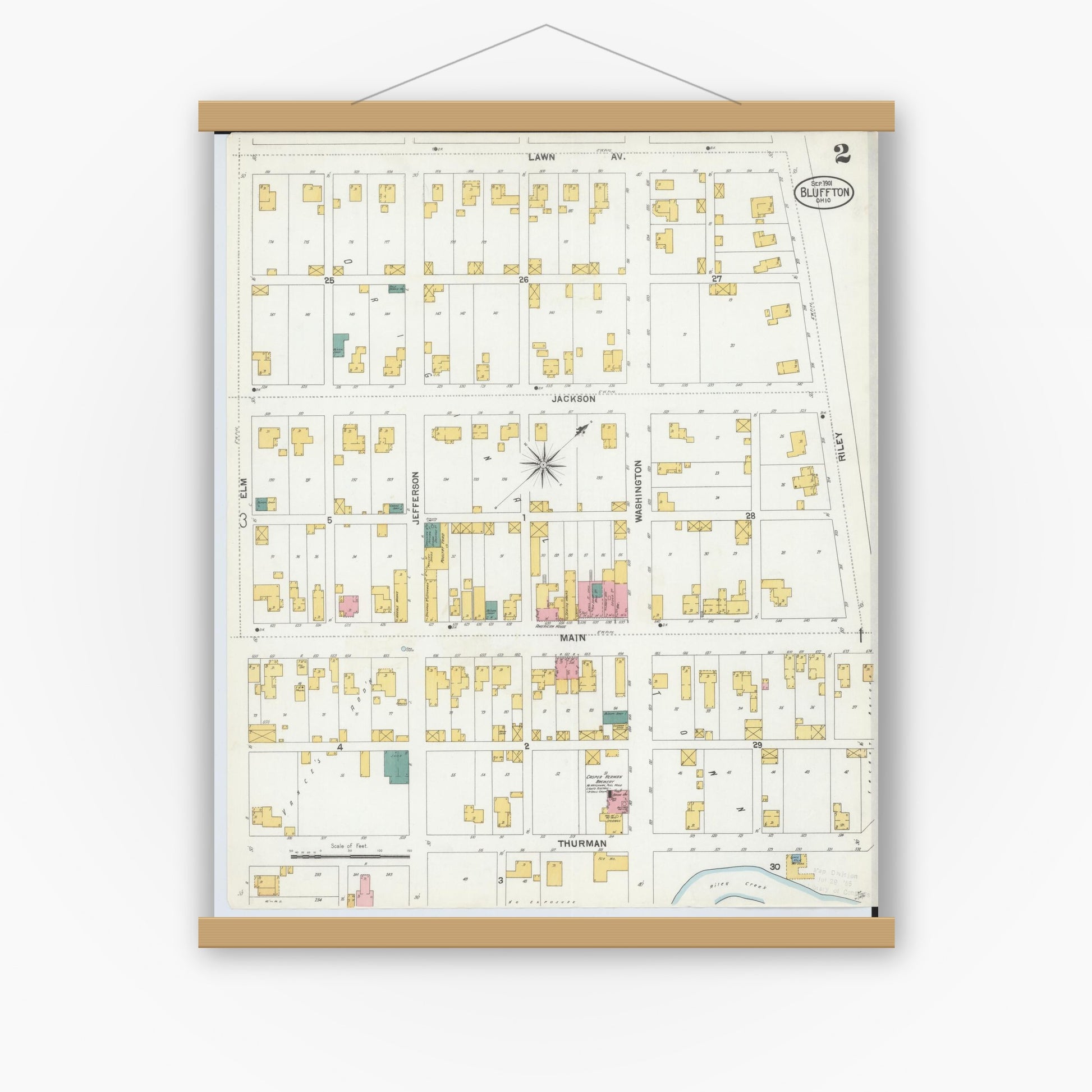 Old map wall art mockup — magnetic wood frame on white wall — Sanborn Fire Insurance Map from Bluffton, Allen County, Ohio (1901), Sheet #0002
