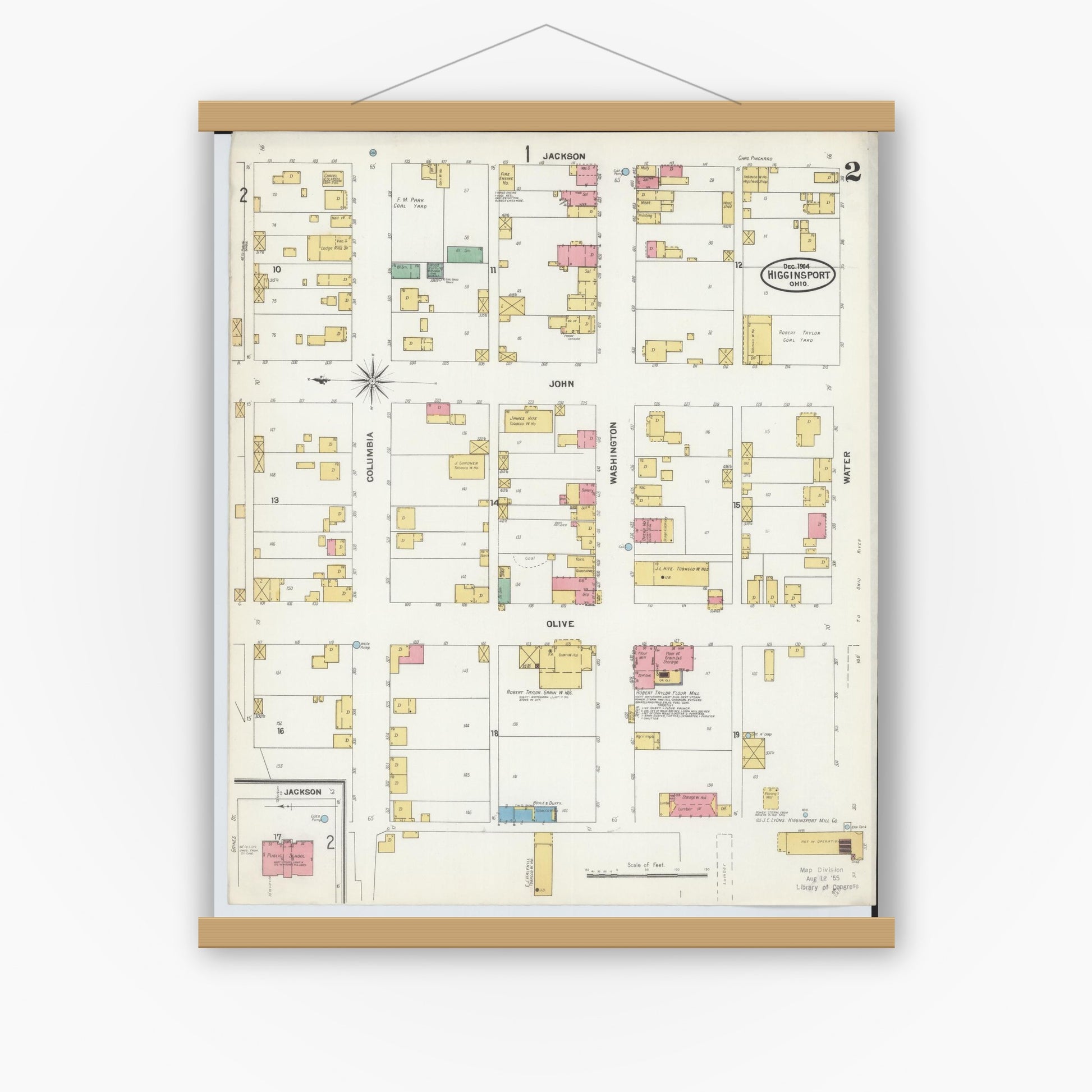 Old map wall art mockup — magnetic wood frame on white wall — Sanborn Fire Insurance Map from Higginsport, Brown County, Ohio (1904), Sheet #0002