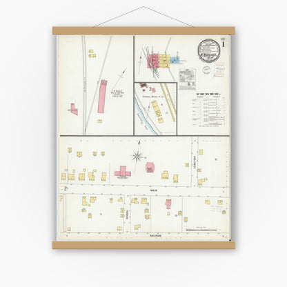 Old map wall art mockup — magnetic wood frame on white wall — Sanborn Fire Insurance Map from West Middlesex, Mercer County, Pennsylvania (1900), Sheet #0001