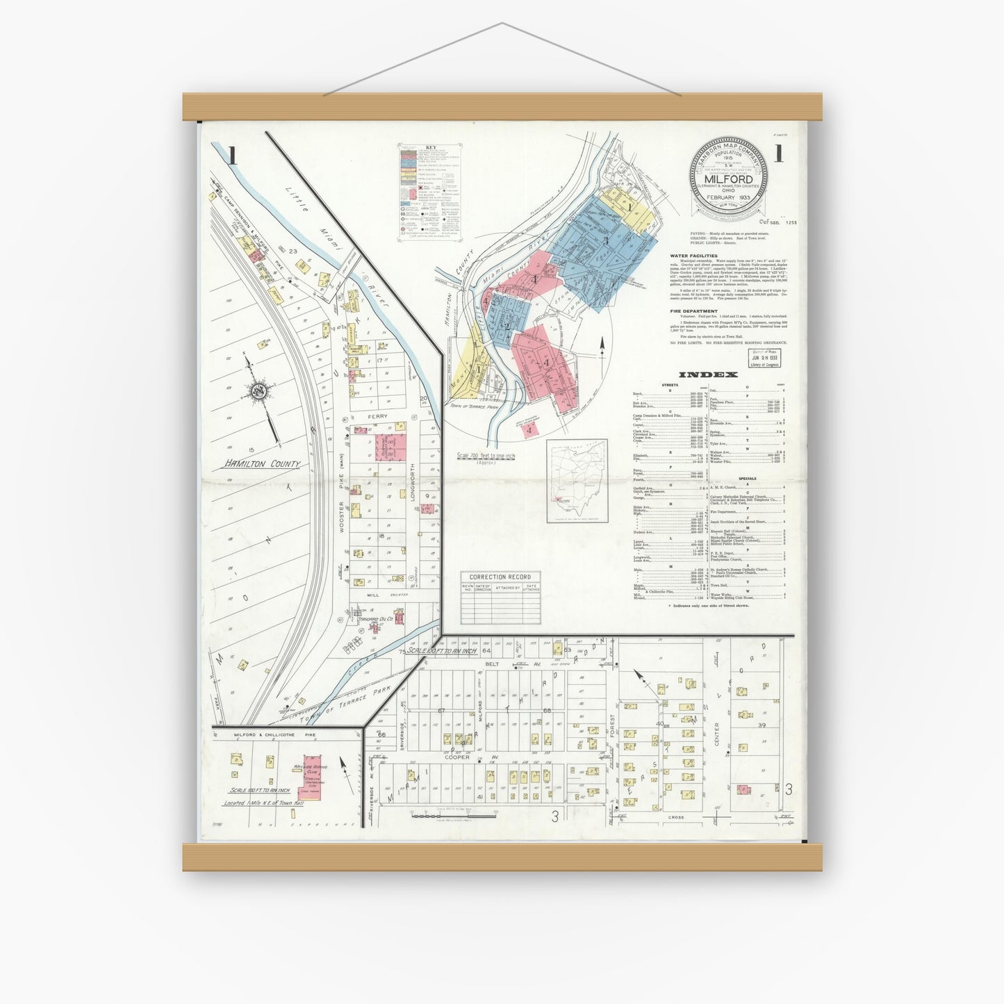 Old map wall art mockup — magnetic wood frame on white wall — Sanborn Fire Insurance Map from Milford, Clermont And Hamilton County, Ohio (1933), Sheet #0001