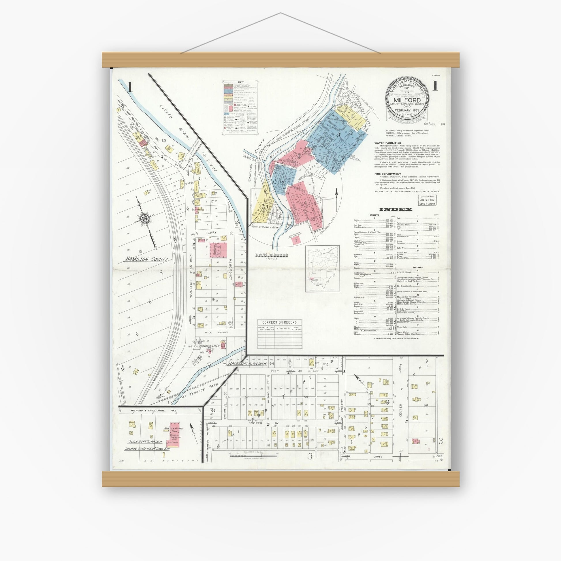 Old map wall art mockup — magnetic wood frame on white wall — Sanborn Fire Insurance Map from Milford, Clermont And Hamilton County, Ohio (1933), Sheet #0001