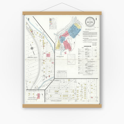 Old map wall art mockup — magnetic wood frame on white wall — Sanborn Fire Insurance Map from Milford, Clermont And Hamilton County, Ohio (1933), Sheet #0001