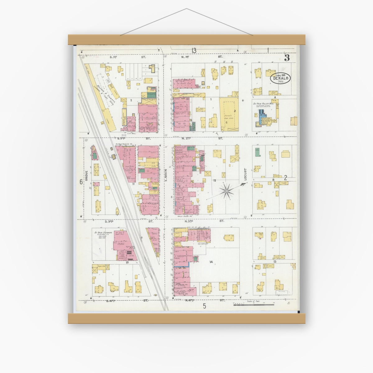 Old map wall art mockup — magnetic wood frame on white wall — Sanborn Fire Insurance Map from De Kalb, De Kalb County, Illinois (1905), Sheet #0003