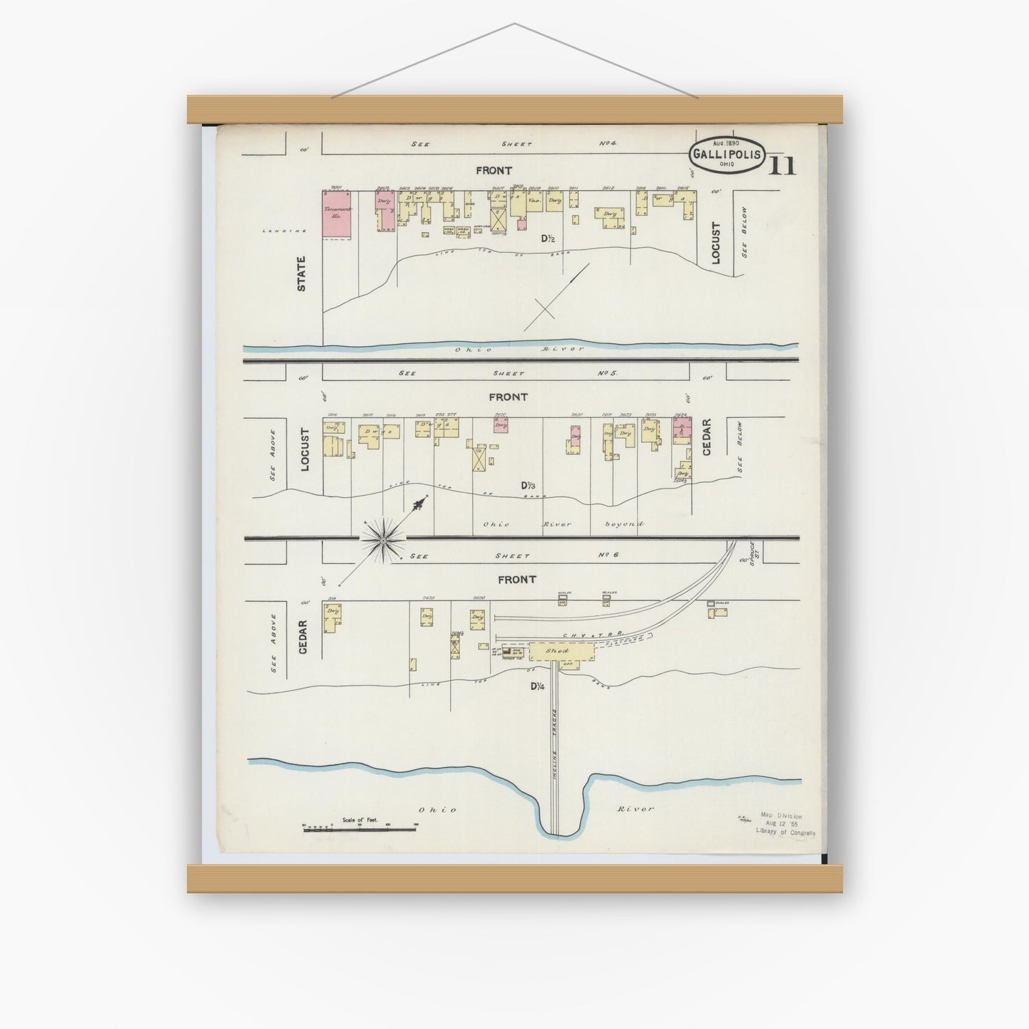 Old map wall art mockup — magnetic wood frame on white wall — Sanborn Fire Insurance Map from Gallipolis, Gallia County, Ohio (1890), Sheet #0011