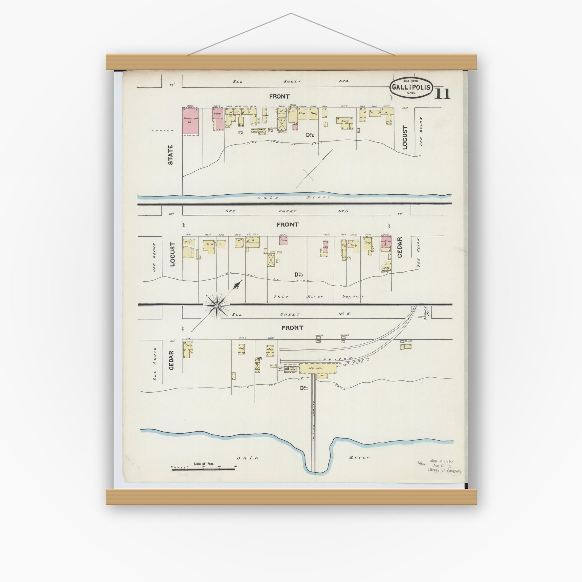 Old map wall art mockup — magnetic wood frame on white wall — Sanborn Fire Insurance Map from Gallipolis, Gallia County, Ohio (1890), Sheet #0011