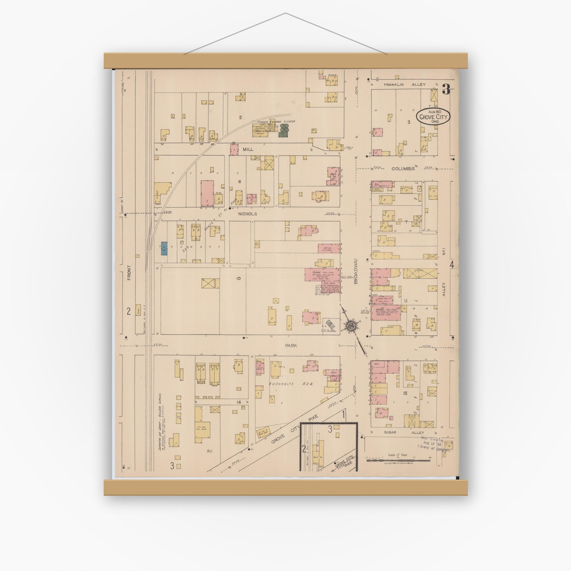 Old map wall art mockup — magnetic wood frame on white wall — Sanborn Fire Insurance Map from Grove City, Franklin County, Ohio (1922), Sheet #0003