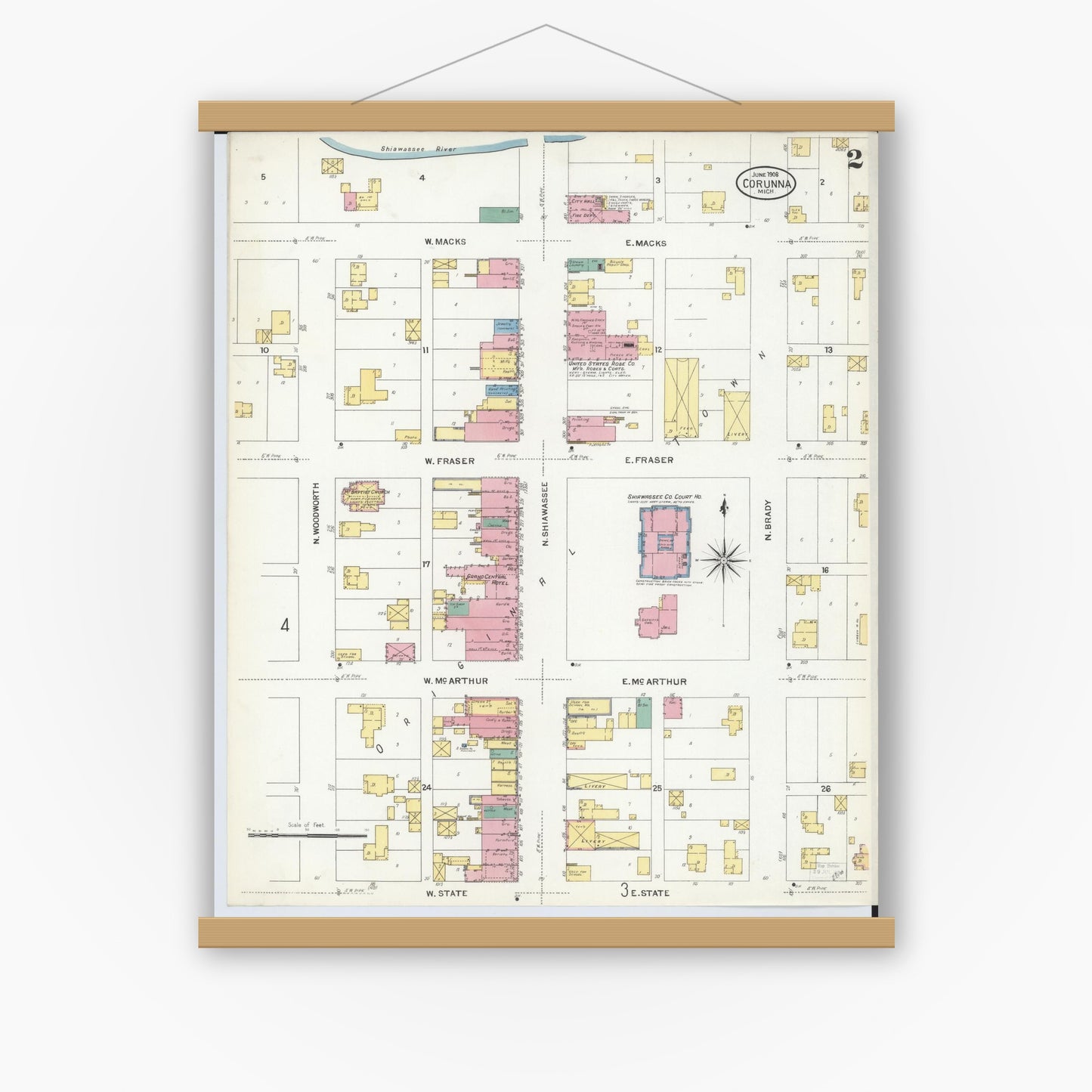 Old map wall art mockup — magnetic wood frame on white wall — Sanborn Fire Insurance Map from Corunna, Shiawassee County, Michigan (1908), Sheet #0002