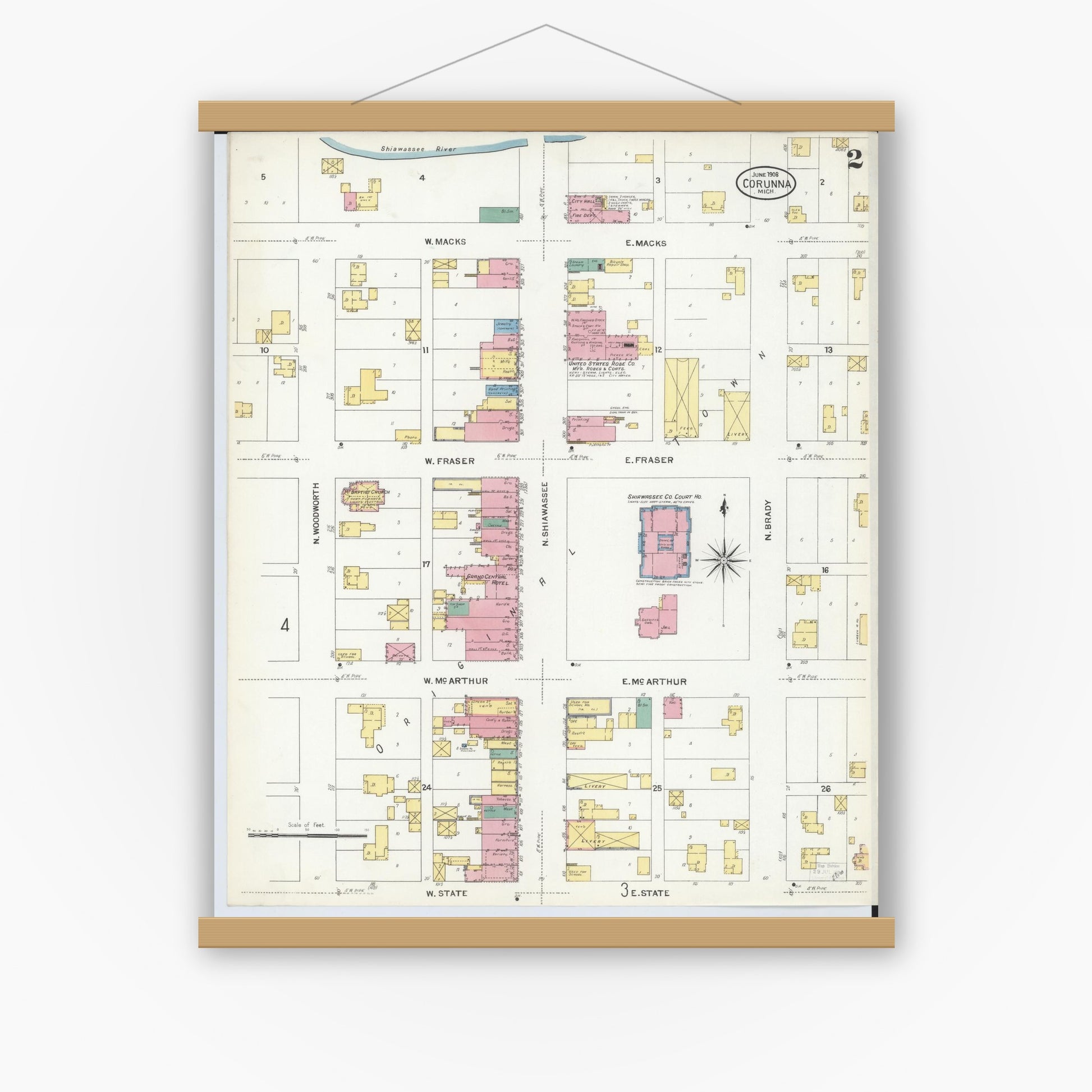 Old map wall art mockup — magnetic wood frame on white wall — Sanborn Fire Insurance Map from Corunna, Shiawassee County, Michigan (1908), Sheet #0002