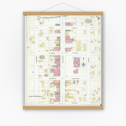 Old map wall art mockup — magnetic wood frame on white wall — Sanborn Fire Insurance Map from Corunna, Shiawassee County, Michigan (1908), Sheet #0002