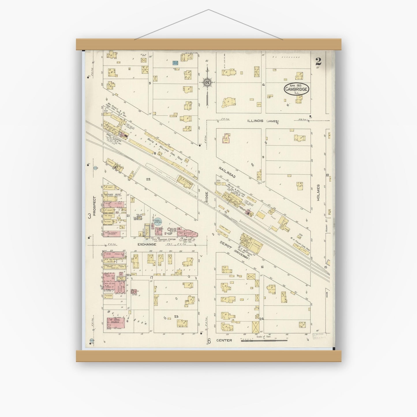 Old map wall art mockup — magnetic wood frame on white wall — Sanborn Fire Insurance Map from Cambridge, Henry County, Illinois (1913), Sheet #0002