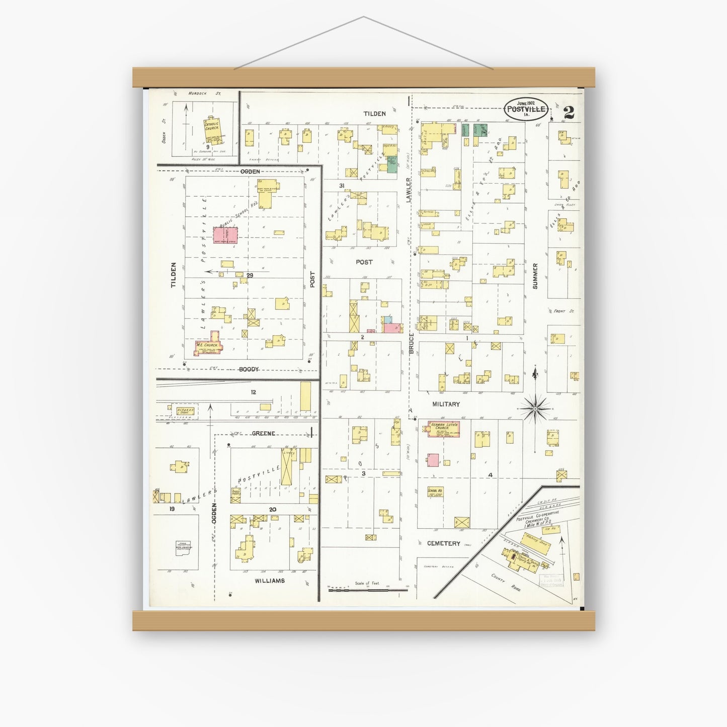 Old map wall art mockup — magnetic wood frame on white wall — Sanborn Fire Insurance Map from Postville, Allamakee County, Iowa (1902), Sheet #0002