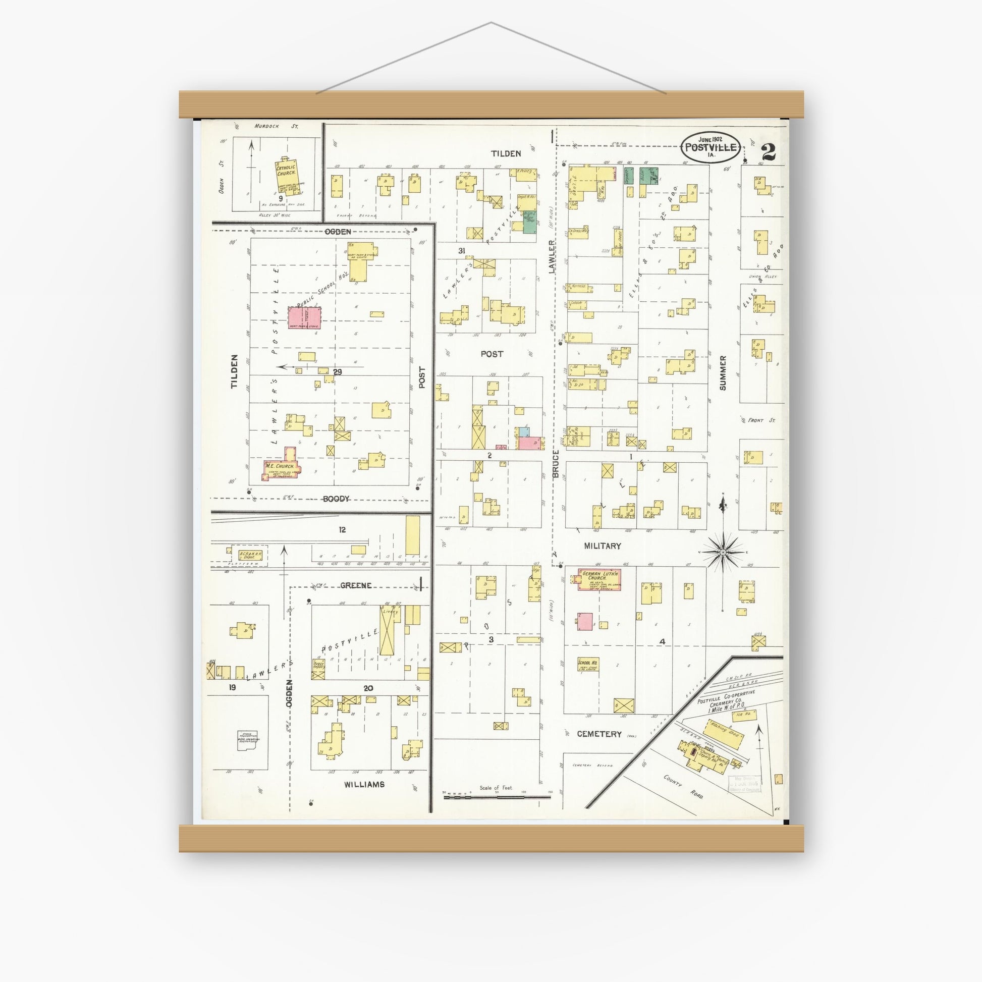 Old map wall art mockup — magnetic wood frame on white wall — Sanborn Fire Insurance Map from Postville, Allamakee County, Iowa (1902), Sheet #0002