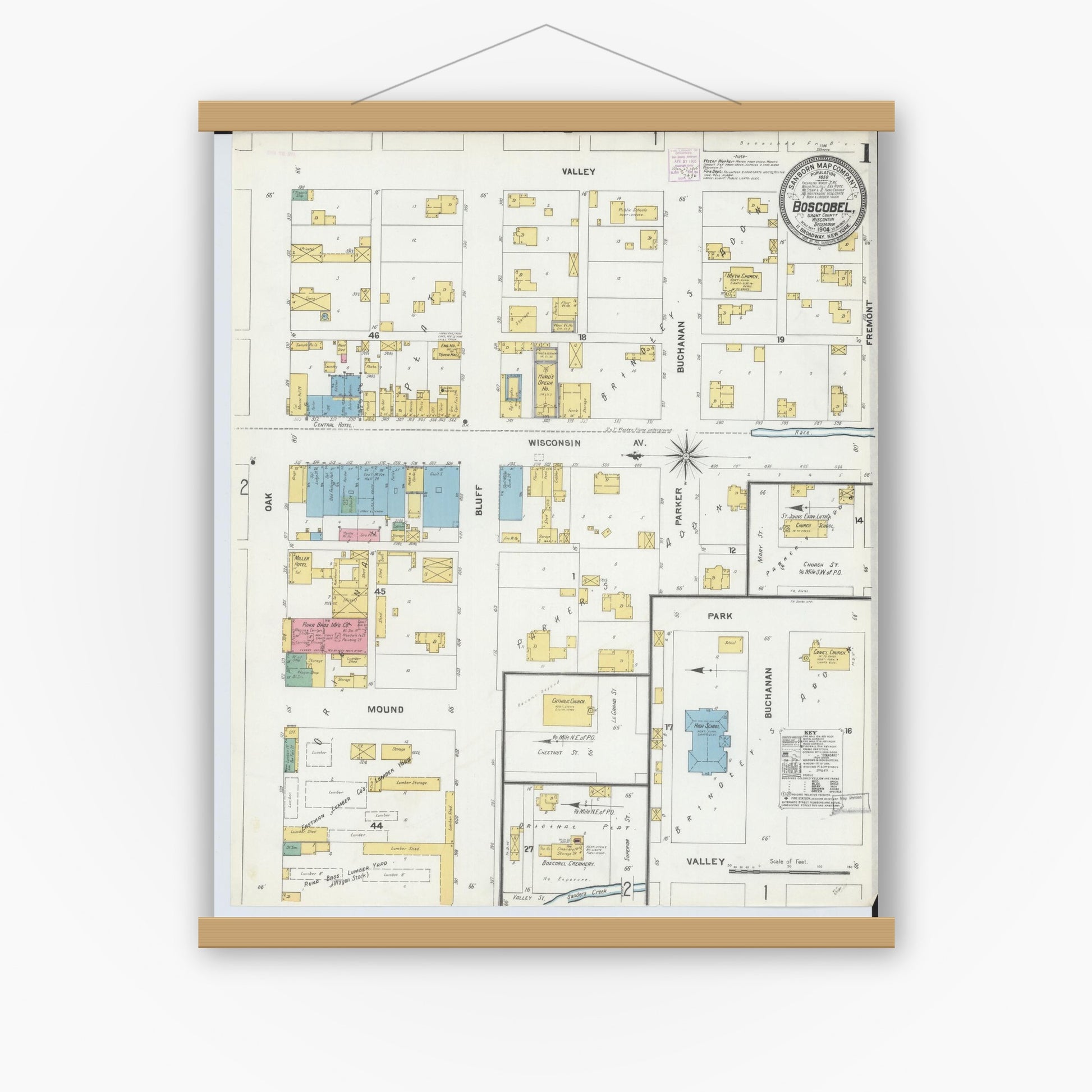 Old map wall art mockup — magnetic wood frame on white wall — Sanborn Fire Insurance Map from Boscobel, Grant County, Wisconsin (1904) - Complete Map Set