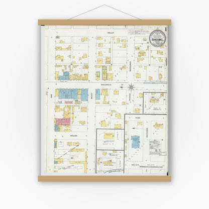 Old map wall art mockup — magnetic wood frame on white wall — Sanborn Fire Insurance Map from Boscobel, Grant County, Wisconsin (1904) - Complete Map Set