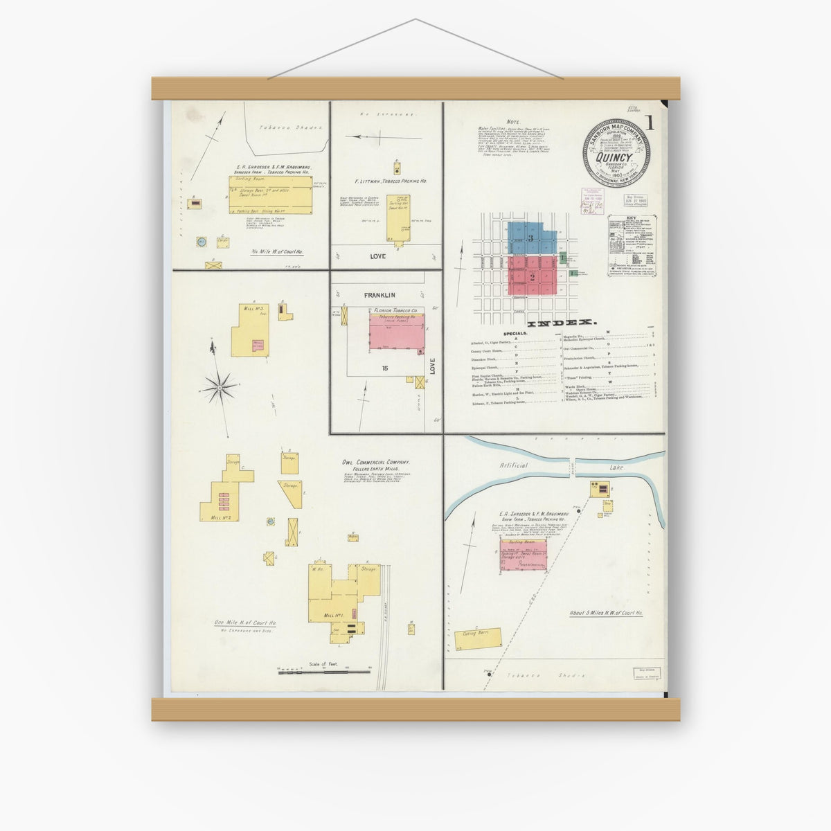 Old map wall art mockup — magnetic wood frame on white wall — Sanborn Fire Insurance Map from Quincy, Gadsden County, Florida (1903), Sheet #0001