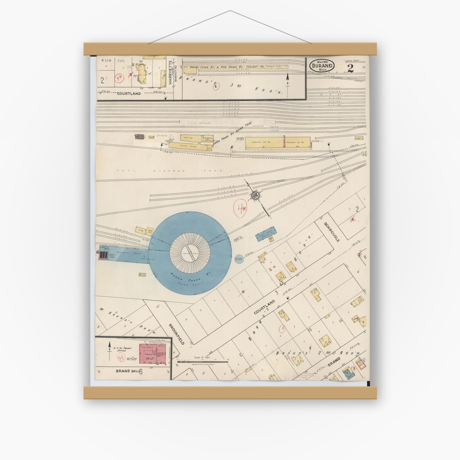 Old map wall art mockup — magnetic wood frame on white wall — Sanborn Fire Insurance Map from Durand, Shiawassee County, Michigan (1944), Sheet #0002