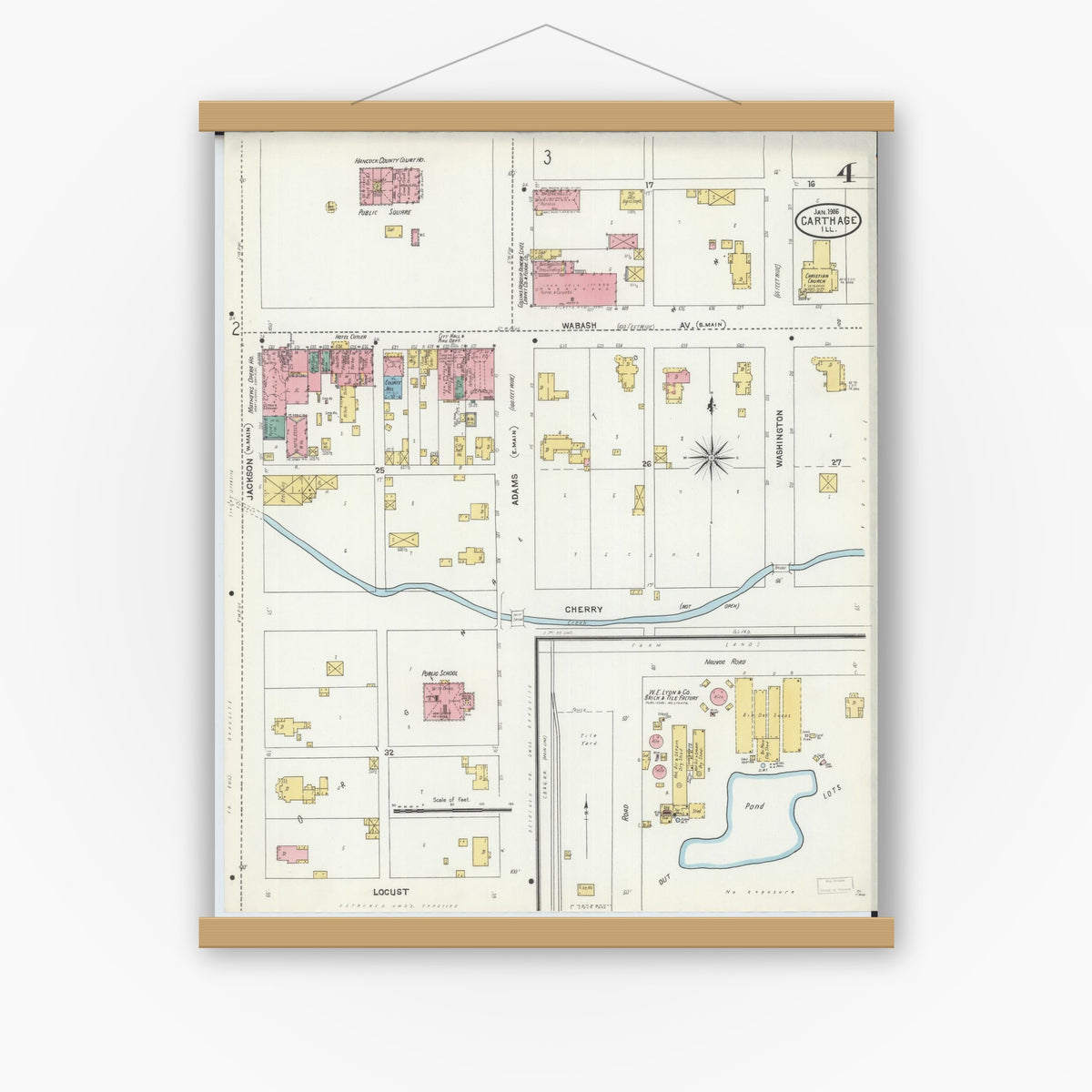 Old map wall art mockup — magnetic wood frame on white wall — Sanborn Fire Insurance Map from Carthage, Hancock County, Illinois (1906), Sheet #0004