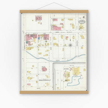 Old map wall art mockup — magnetic wood frame on white wall — Sanborn Fire Insurance Map from Carthage, Hancock County, Illinois (1906), Sheet #0004