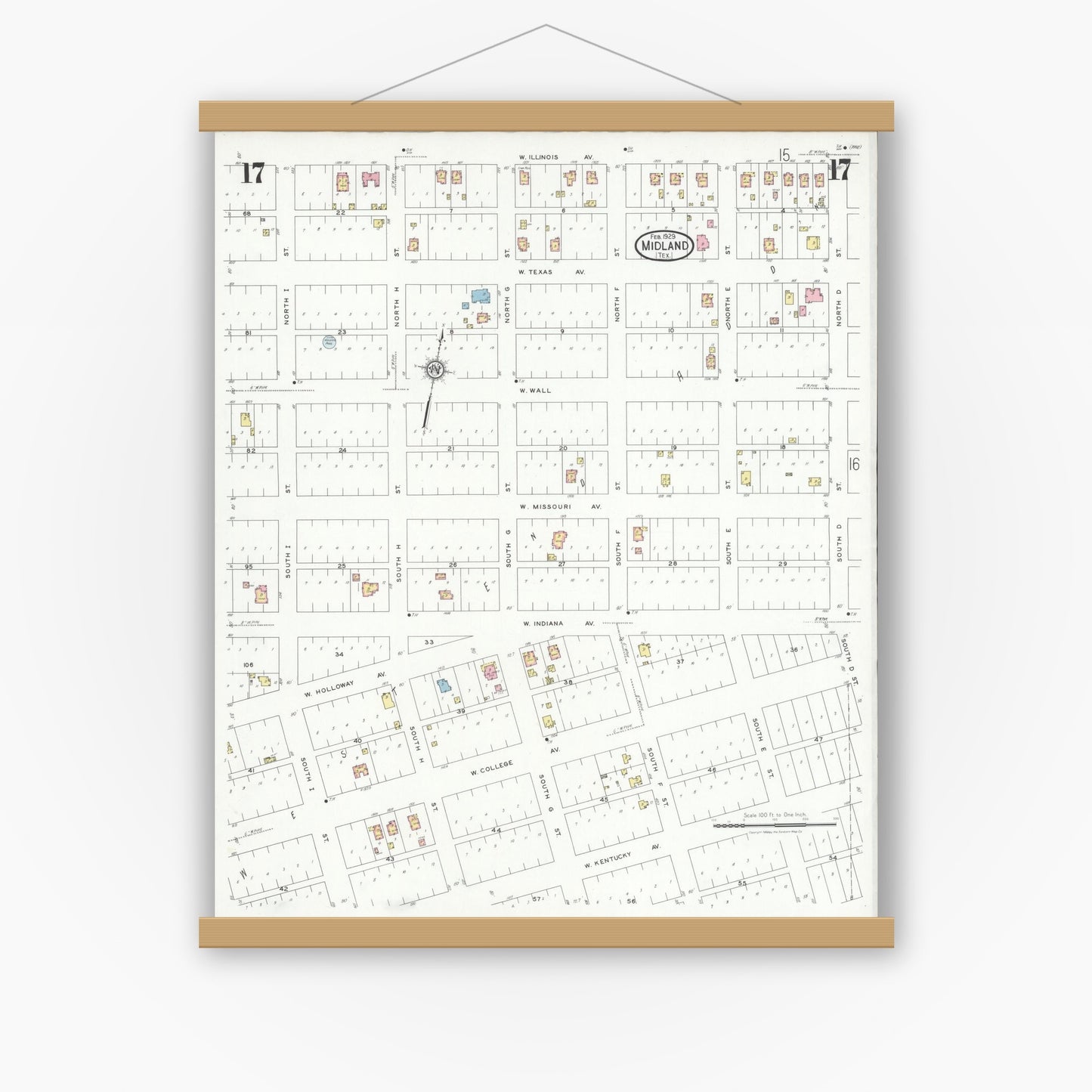 Old map wall art mockup — magnetic wood frame on white wall — Sanborn Fire Insurance Map from Midland, Midland County, Texas (1929), Sheet #0017