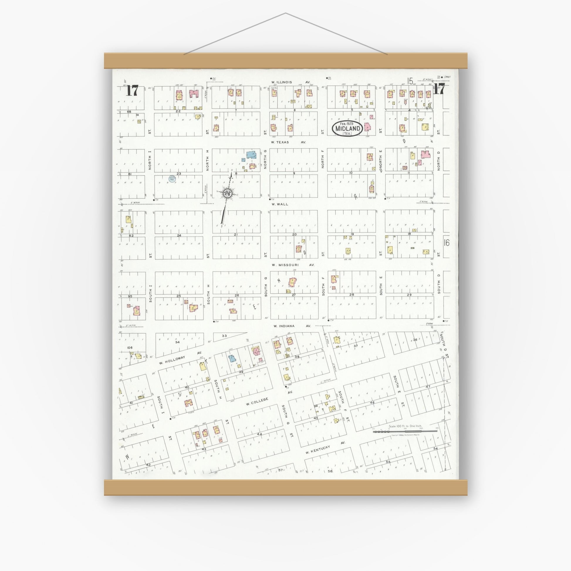 Old map wall art mockup — magnetic wood frame on white wall — Sanborn Fire Insurance Map from Midland, Midland County, Texas (1929), Sheet #0017