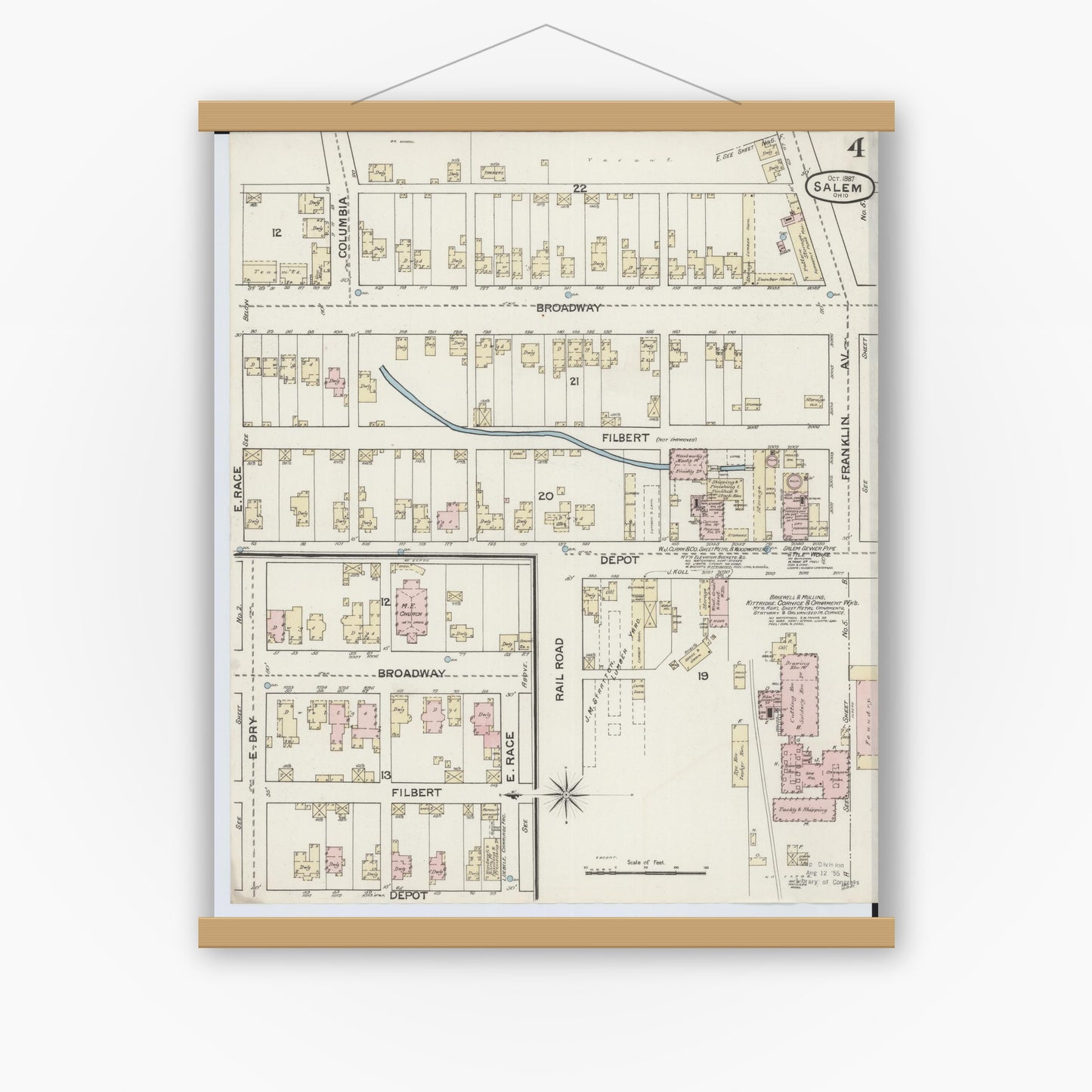 Old map wall art mockup — magnetic wood frame on white wall — Sanborn Fire Insurance Map from Salem, Columbiana County, Ohio (1887), Sheet #0004