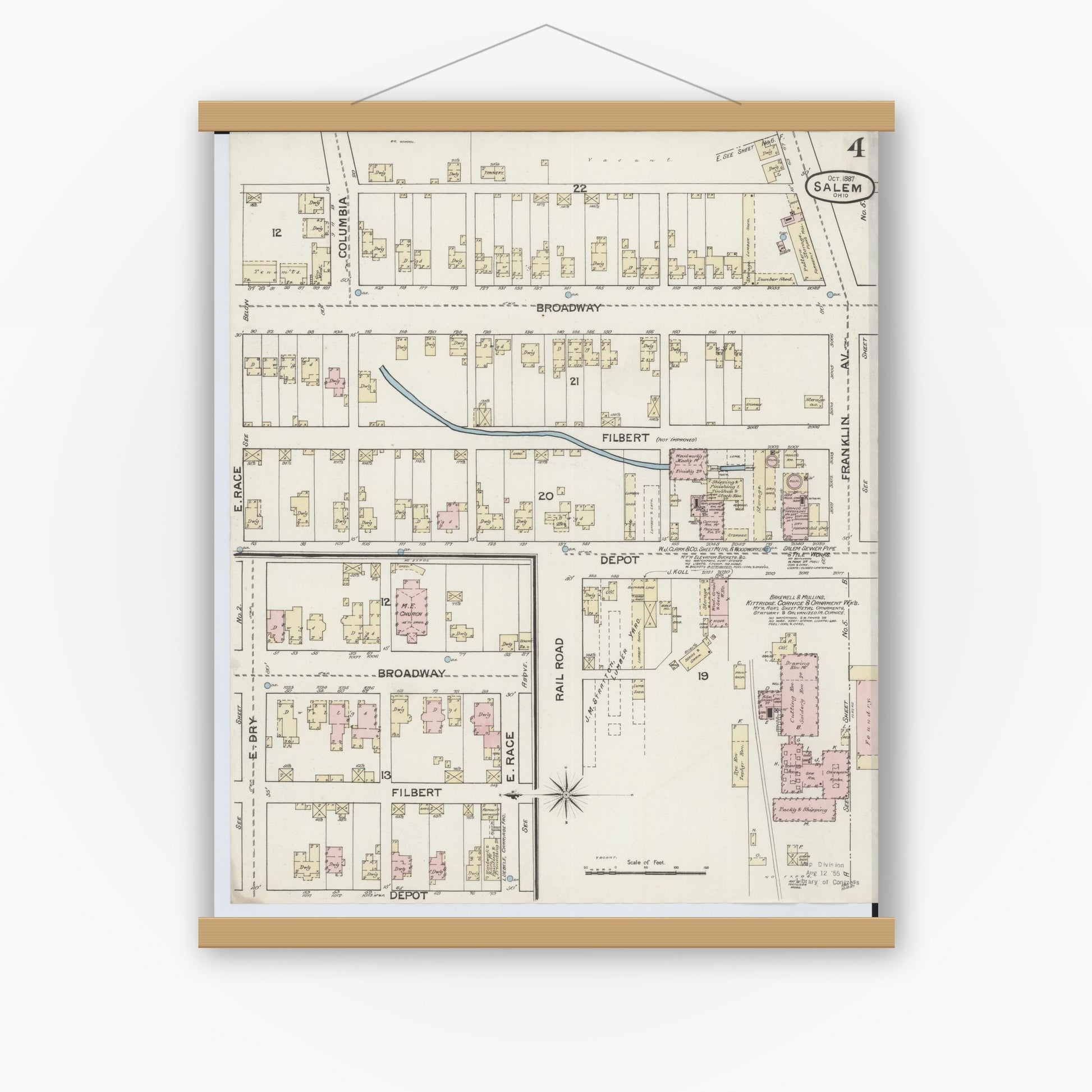 Old map wall art mockup — magnetic wood frame on white wall — Sanborn Fire Insurance Map from Salem, Columbiana County, Ohio (1887), Sheet #0004