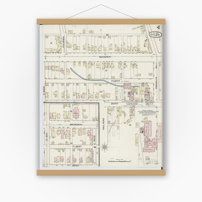 Old map wall art mockup — magnetic wood frame on white wall — Sanborn Fire Insurance Map from Salem, Columbiana County, Ohio (1887), Sheet #0004