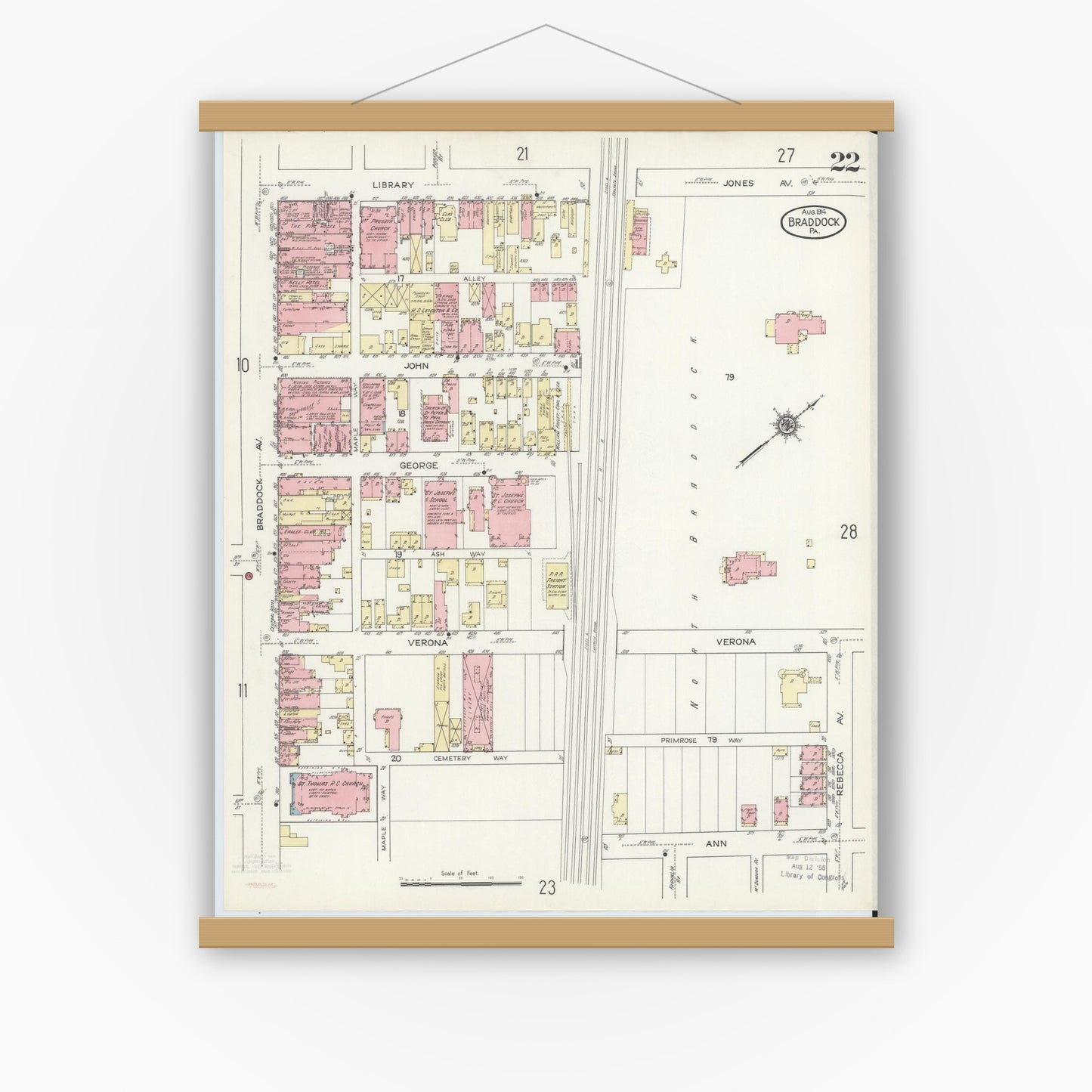 Old map wall art mockup — magnetic wood frame on white wall — Sanborn Fire Insurance Map from Braddock, Allegheny County, Pennsylvania (1914), Sheet #0022