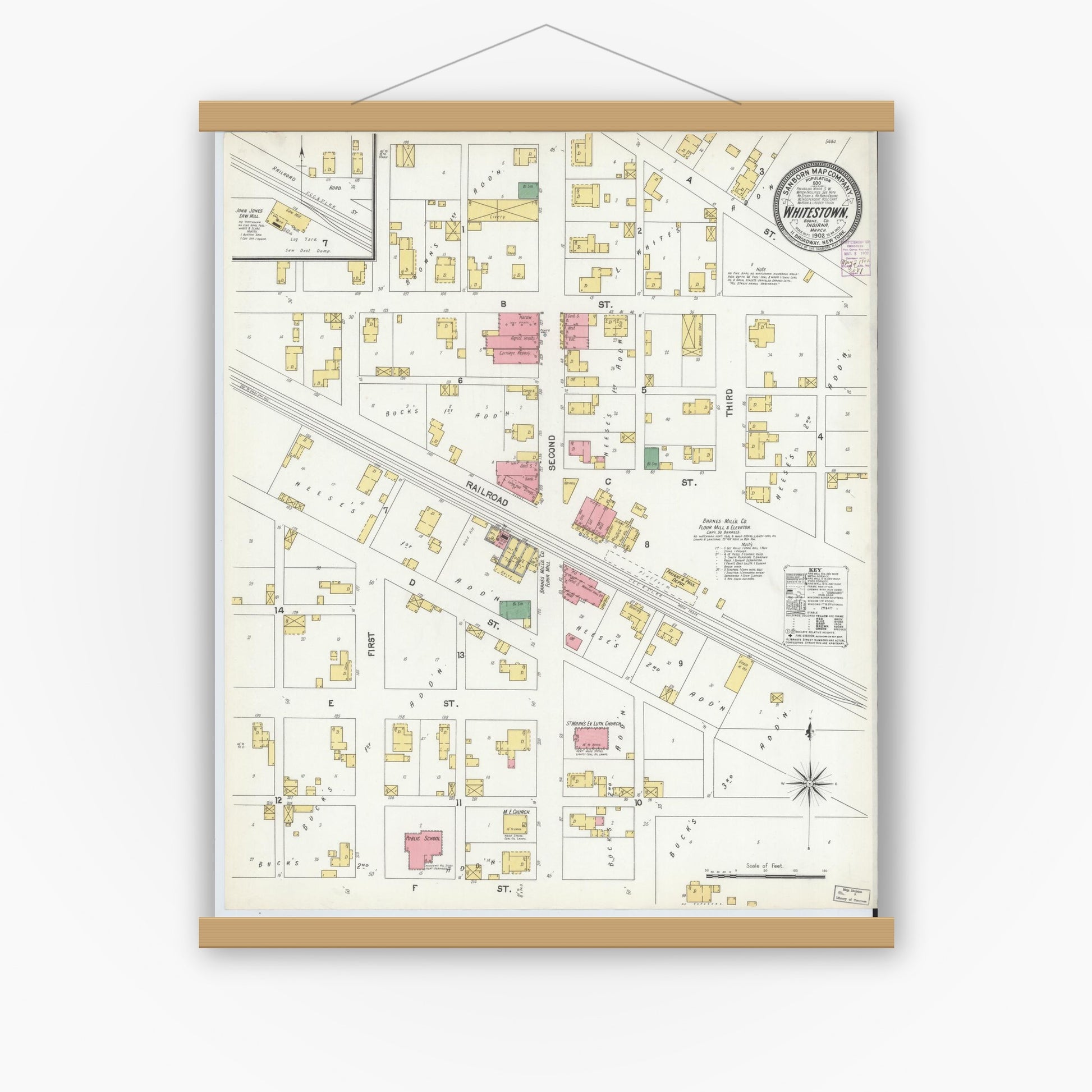 Old map wall art mockup — magnetic wood frame on white wall — Sanborn Fire Insurance Map from Whitestown, Boone County, Indiana (1902), Sheet #0001