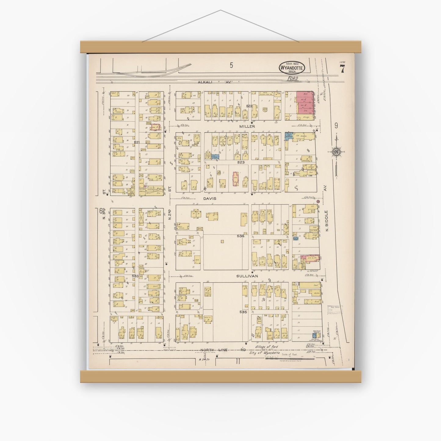 Old map wall art mockup — magnetic wood frame on white wall — Sanborn Fire Insurance Map from Wyandotte, Wayne County, Michigan (1922), Sheet #0007