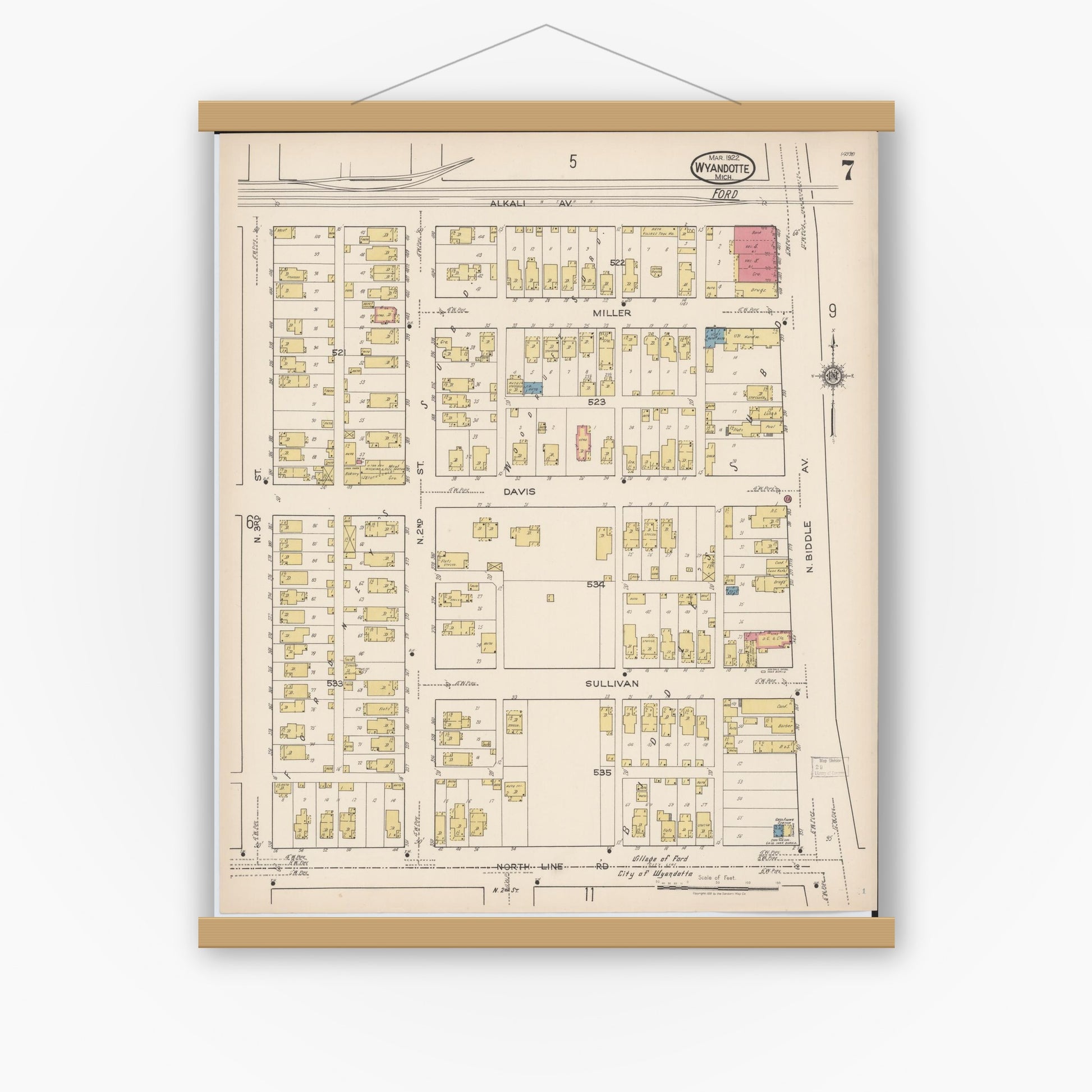 Old map wall art mockup — magnetic wood frame on white wall — Sanborn Fire Insurance Map from Wyandotte, Wayne County, Michigan (1922), Sheet #0007