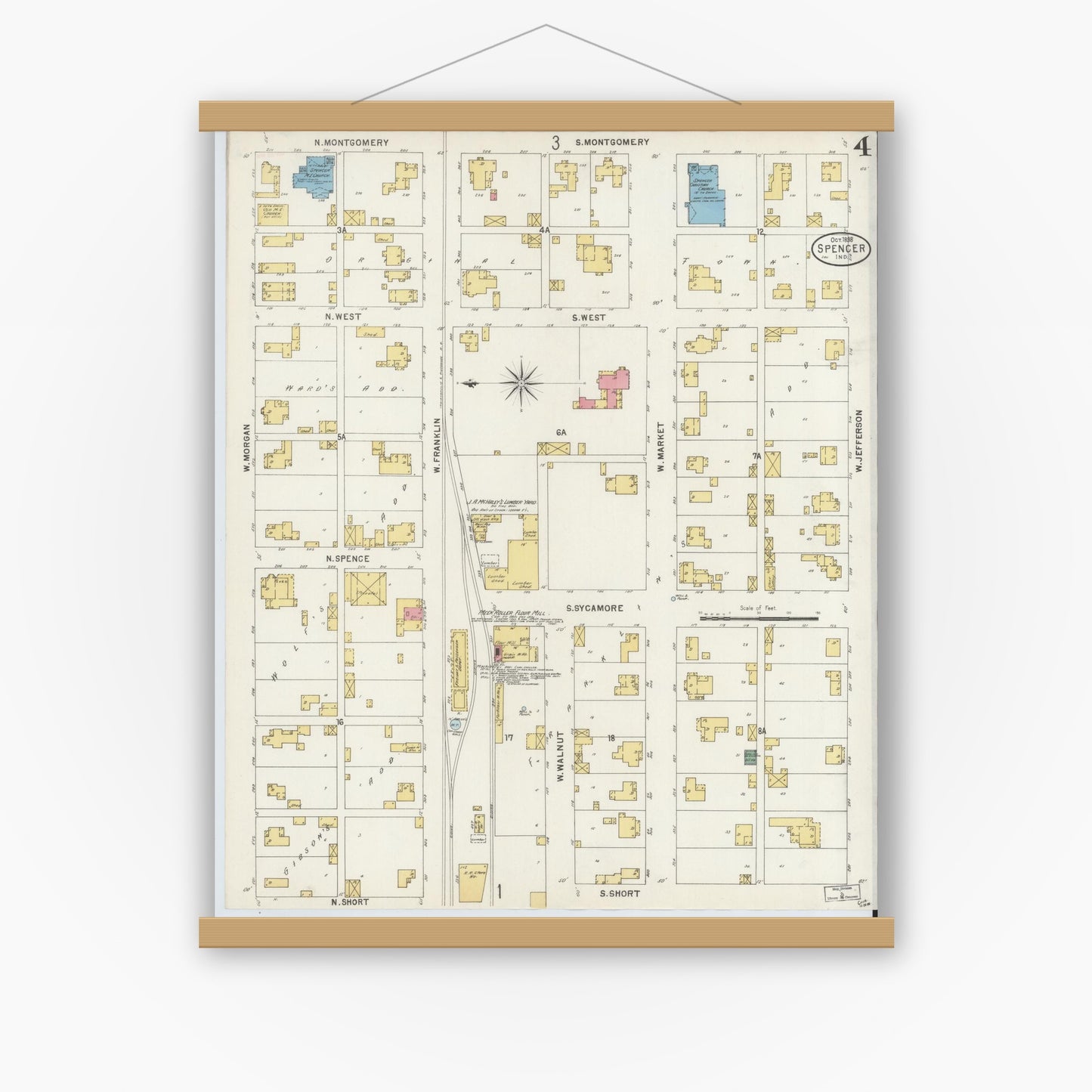 Old map wall art mockup — magnetic wood frame on white wall — Sanborn Fire Insurance Map from Spencer, Owen County, Indiana (1898), Sheet #0004