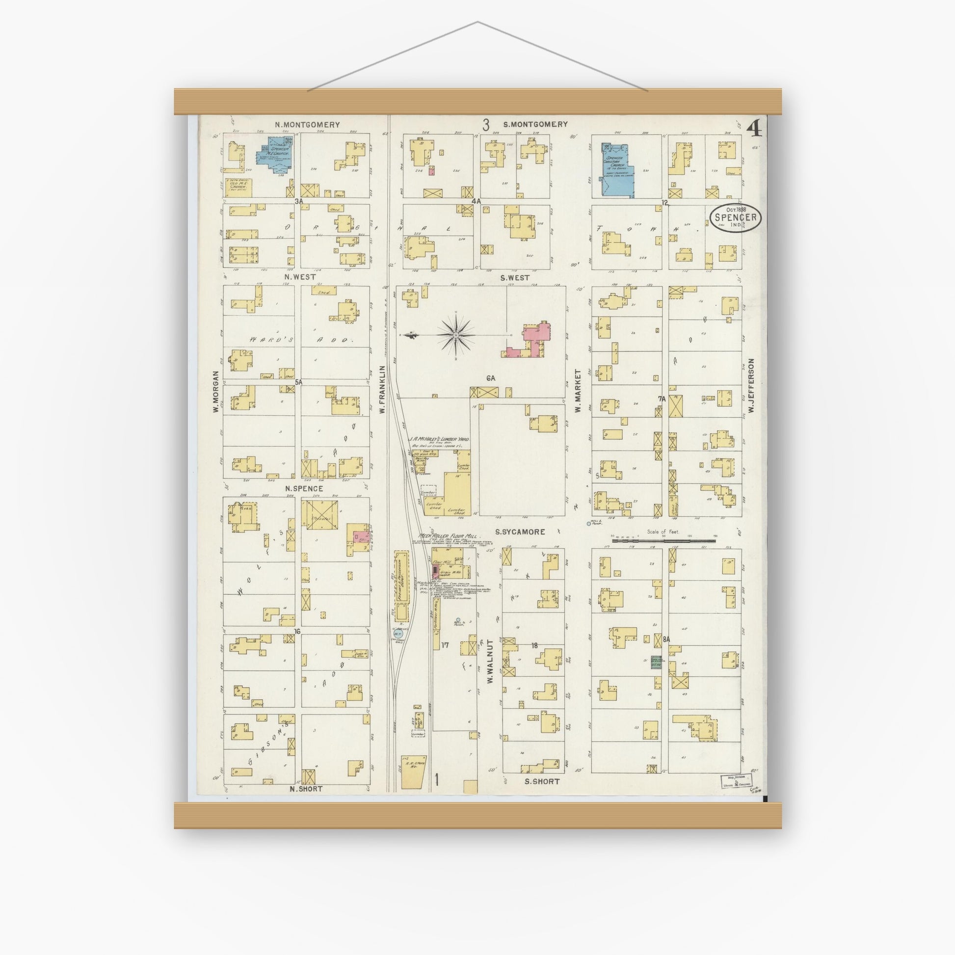 Old map wall art mockup — magnetic wood frame on white wall — Sanborn Fire Insurance Map from Spencer, Owen County, Indiana (1898), Sheet #0004